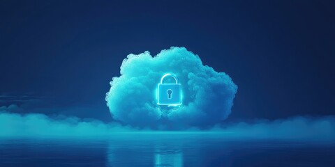 Fototapete - A digital lock safeguards cloud storage for encrypted data, presented in blue tones, with no people in sight.