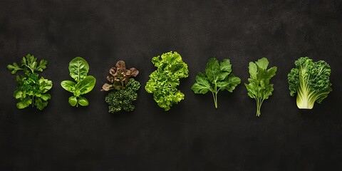 Wall Mural - Assortment of fresh green leafy vegetables on dark background. (3)