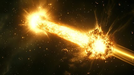 A vivid space scene showing stars, galaxies, and a glowing supernova in the distance.