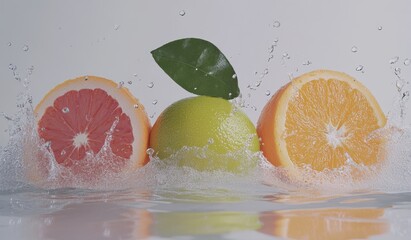 Wall Mural - Fresh citrus fruits, grapefruit, lime, orange, splashing in water.