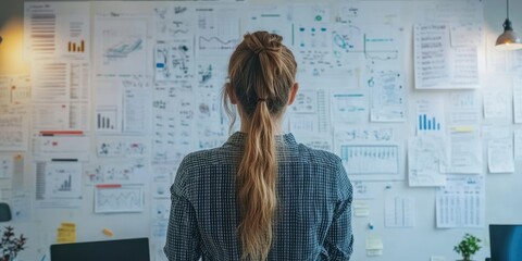 Poster - A corporate strategist engages in brainstorming for new ideas at a large whiteboard filled with charts in an innovative office space.