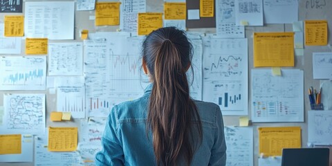 Poster - A corporate strategist engages in brainstorming for new ideas at a large whiteboard filled with charts in an innovative office space.