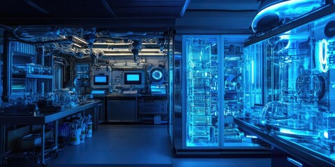Poster - an advanced cybernetics research laboratory housing sophisticated robotic prototypes, where scientis