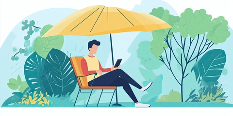 Fototapete - An insurance agent is managing policies through a smartphone app while sitting in a park, showcasing the benefits of modern technology.