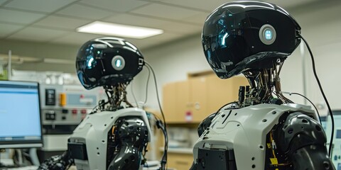 Poster - an advanced cybernetics research laboratory housing sophisticated robotic prototypes, where scientis