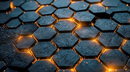 Poster - Glowing Hexagonal Pattern: Futuristic Abstract Background Texture. Dark, Geometric Shapes, Modern Digital Design. Perfect for Sci-Fi, Technology, and Network Concepts