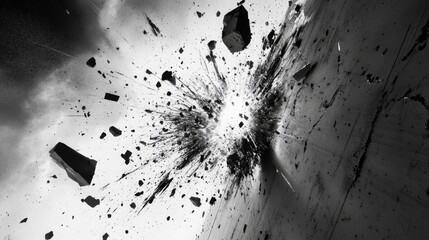 Impact crater detail, exploding concrete wall, dynamic particle dispersion, radiating fracture lines, suspended debris fragments, high contrast destruction, realistic material break