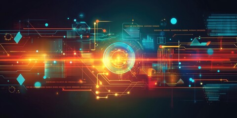 Fototapete - An abstract background with glowing lines and nodes linking business icons and data points, highlighting online communication.
