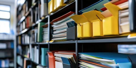 Poster - A corporate professional organizes both digital and physical files in an efficient workspace, maintaining focus and attention to detail.