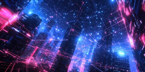 Fototapete - A futuristic business network characterized by neon lines connecting data points throughout a city skyline, representing interconnected solutions.