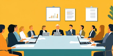 Poster - A business executive leading a conference, with laptops and documents arranged on the table, creating a professional and collaborative environment.