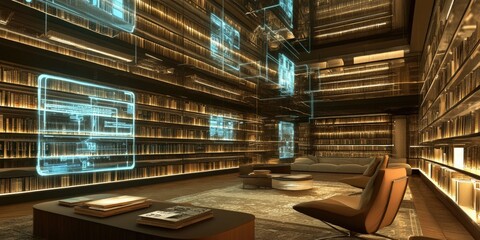 Poster - a high-resolution digital library with holographic bookshelves that allow users to access informatio