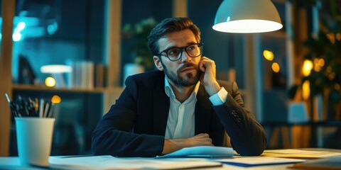 Poster - A business leader preparing a strategic report, with charts and analysis documents displayed in a sleek office setting.