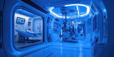 Poster - an advanced cybernetics laboratory housing sophisticated robotic prototypes where scientists explore
