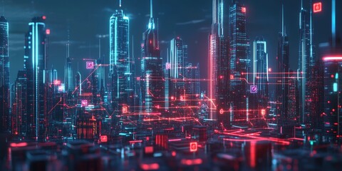 Fototapete - A futuristic business network with neon lines connecting devices and icons across a city skyline, representing digital strategy.
