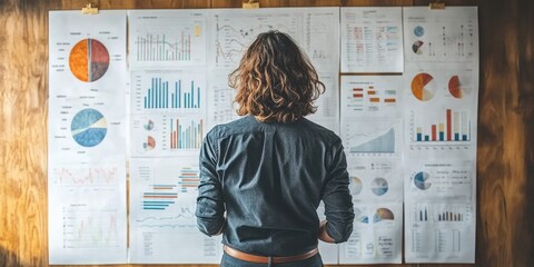 Poster - A corporate professional brainstorming new ideas, using a large whiteboard filled with charts in an innovative office space.