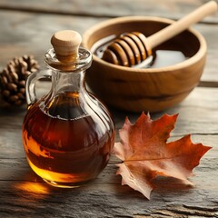 bottle of maple syrup and autumn leaves on wooden table, closeup