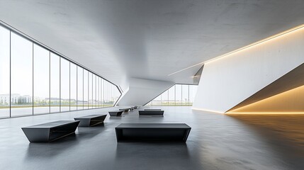 Aufkleber - Modern minimalist interior with benches and large windows.