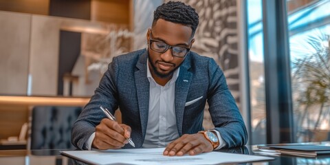 Poster - An entrepreneur signing significant contracts in an elegant office decorated with modern furnishings, showcasing a professional appearance and focused demeanor.