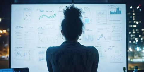 Poster - A corporate strategist brainstorming new initiatives, utilizing a large whiteboard filled with charts in a creative office space.