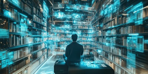 Poster - a high-tech digital library equipped with transparent holographic bookshelves, allowing users to acc