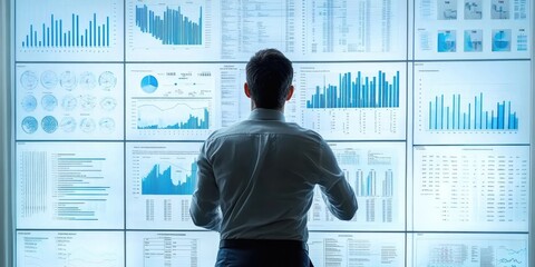 Poster - A corporate strategist brainstorming new initiatives, utilizing a large whiteboard filled with charts in a creative office space.