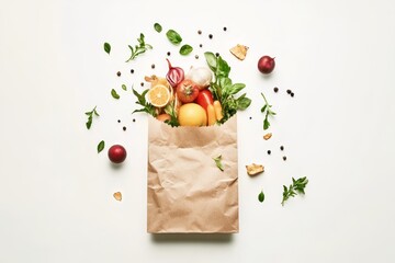 Poster - Fresh produce overflowing from a paper bag on white background.