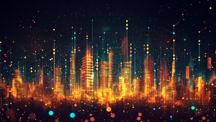 Poster - Glowing futuristic city skyline at night.