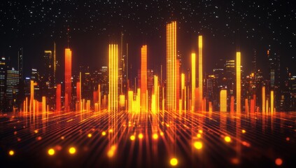 Poster - Futuristic city skyline at night with glowing orange buildings and digital lines.