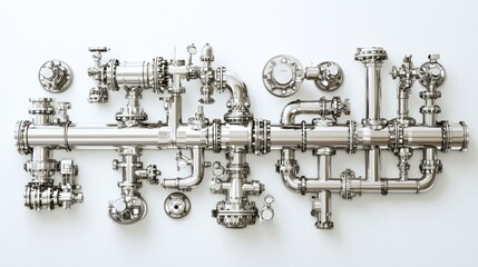 Wall Mural - A beautifully arranged industrial pipe and valve system, featuring polished metal surfaces and intricate connections, set against a clean white background