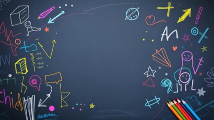 A blackboard filled with colorful scribbles and drawings, school, education, learning