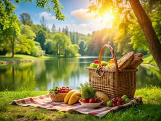 Wall Mural - Lakeside Picnic Basket: Gourmet Food on Forest Bank, Calm Lake View