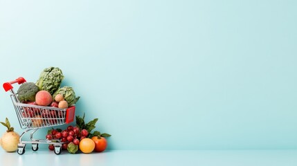 Wall Mural - Mini shopping cart with fresh produce on turquoise background