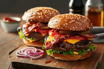 Wall Mural - Close up of two tasty burgers with beef, cheese, tomato and onion on wooden cutting board