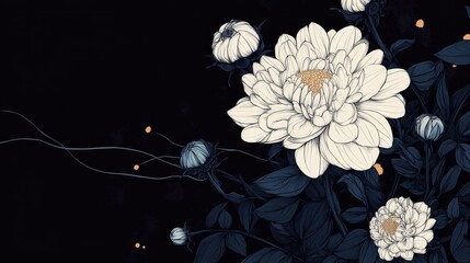 Wall Mural - Elegant white dahlias with dark foliage on black background