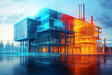Poster - Architectural visualization of modern industrial building with vibrant colors