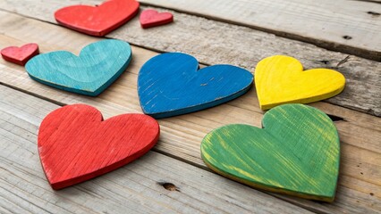Poster - A collection of wooden hearts in various colors are arranged on a wooden surface