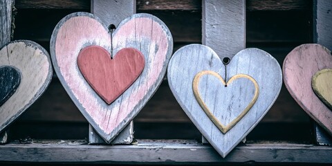 Poster - A row of wooden hearts are hanging on a wall