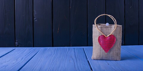 Poster - A red heart is sitting on a wooden table