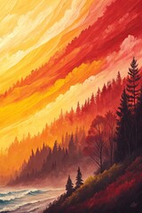 Poster - A painting of a forest with a river in the background