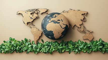 Wall Mural - Earth map with green leaves.