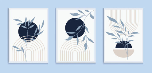 botanical green wall art vector set. boho foliage line art drawing with abstract shape. abstract pla