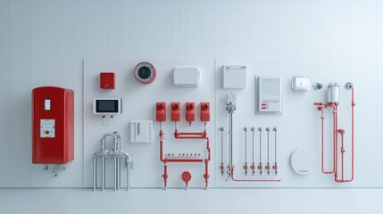 Poster - Minimalist fire protection system featuring advanced sprinklers and alarms, presented sharply against a pure white backdrop