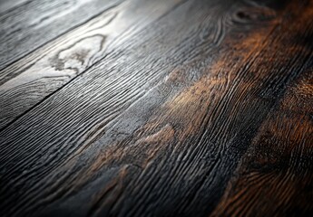 Poster - Close-Up of Richly Textured Dark Wood Plank Surface Reflecting Light in an Artistic Manner, Perfect for Backgrounds in Interior Design and Nature-Themed Projects