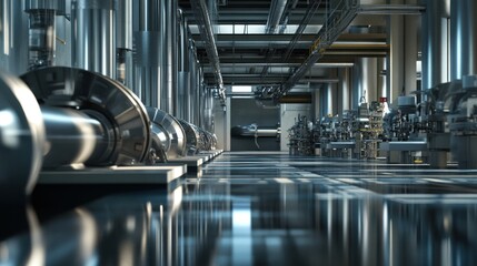 Wall Mural - Modern hydropower plant production line, featuring polished machinery, generators, and flowing water systems for sustainable energy production