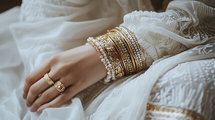 A woman wearing gold bangles and a gold ring