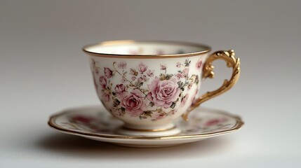 Elegant teacup and saucer with floral design.