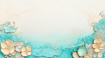 Poster - Elegant Turquoise Background with Delicate Flowers and Textured Cracks for Creative Designs and Art Projects