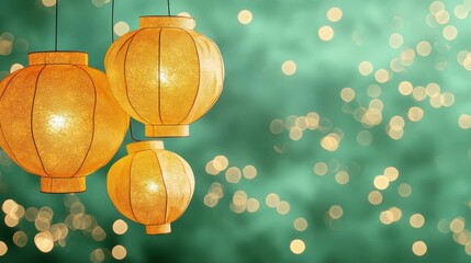 Poster - Golden Lanterns Hanging Against a Soft Green Background with Bokeh Lights for Festive Celebrations