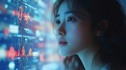 Fototapete - Young woman gazes intently at digital data visualization in a futuristic space